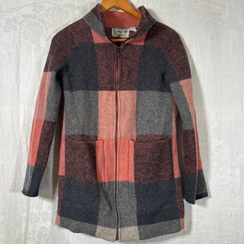 Field Flower Felicity Sweater Jacket Small Pink Gray Plaid Full Zip 100% Wool